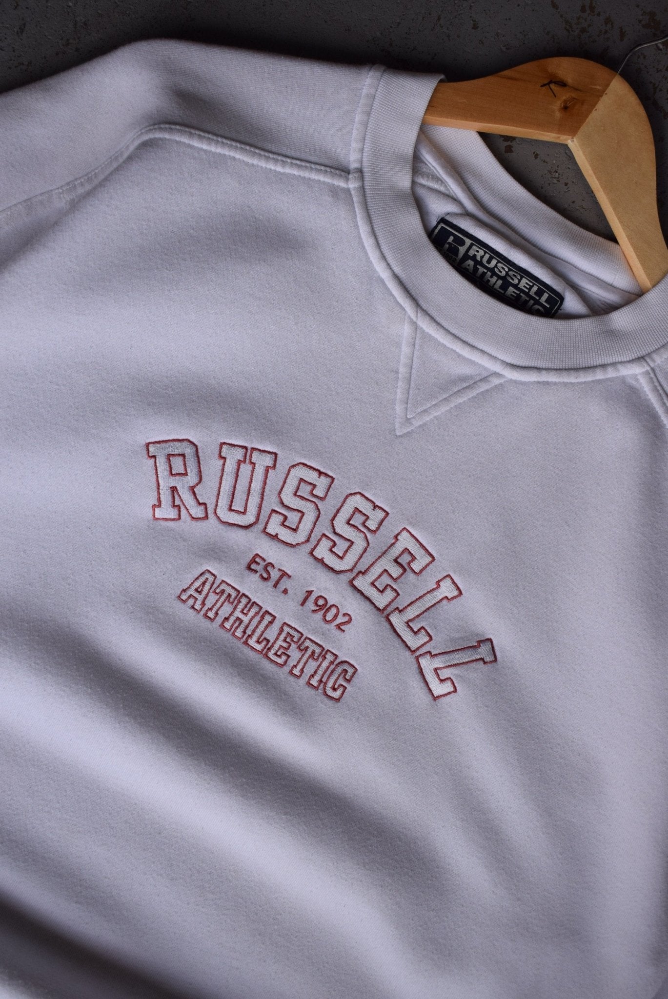 Vintage 90s Russell Athletic Embroidered Spellout Crewneck (S/M) - Retrospective Store